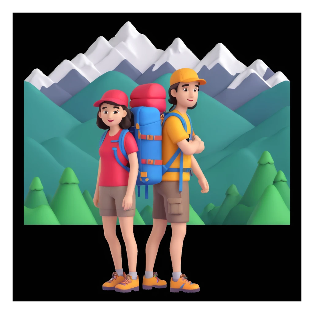 back packer couple posing, mountains in background,   close up pose sticker