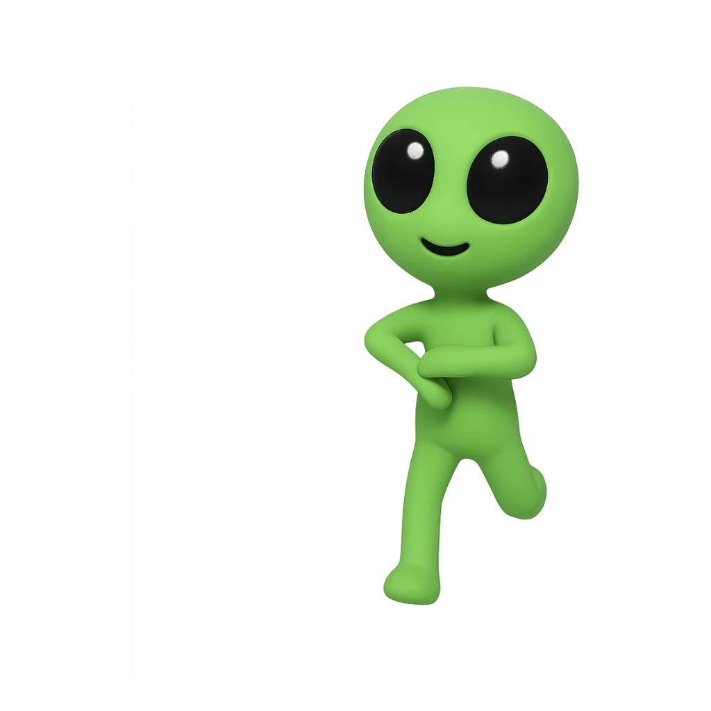 Create a neon green alien dancing, almost identical to the reference image, with minimal changes in the positions of arms and legs, looking straight ahead. This is frame 18 of the animation. PNG with transparent background. sticker
