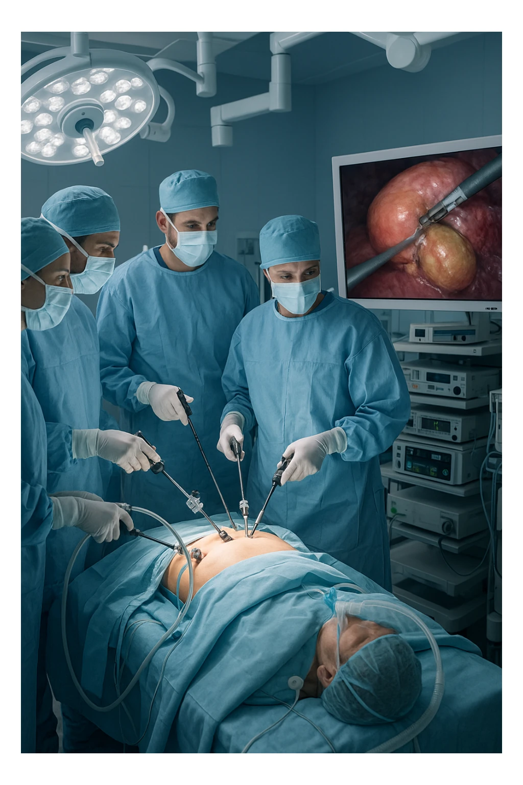 A realistic, clinical image inside a modern operating room during a laparoscopic cholecystectomy (gallbladder removal surgery). A team of surgeons in sterile gowns, masks, and gloves focus intently on the patient lying on the operating table. High-tech laparoscopic instruments are inserted through small incisions in the patient’s abdomen. On a large screen nearby, a close-up video feed shows the gallbladder being carefully dissected and removed using precise surgical tools. The environment is brightly lit with cool white surgical lights, and all medical equipment is clean and state-of-the-art. The mood is professional and sterile, conveying a sense of precision, care, and medical expertise. The patient is under anesthesia, covered with sterile drapes, with monitoring devices attached sticker