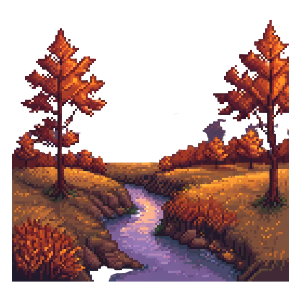 pixel art fall landscape at sunset, orange and red foliage, glowing sky sticker