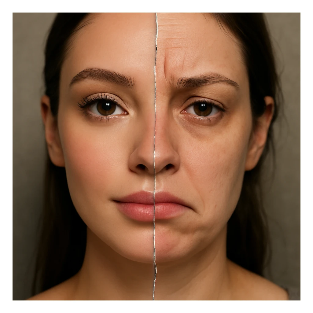 A face split down the middle: left half is flawless, influencer-filtered with radiant skin and large eyes; right half is realistic, tired, and imperfect with a frown. A subtle glitch effect like a cracked mirror runs vertically between the halves. sticker