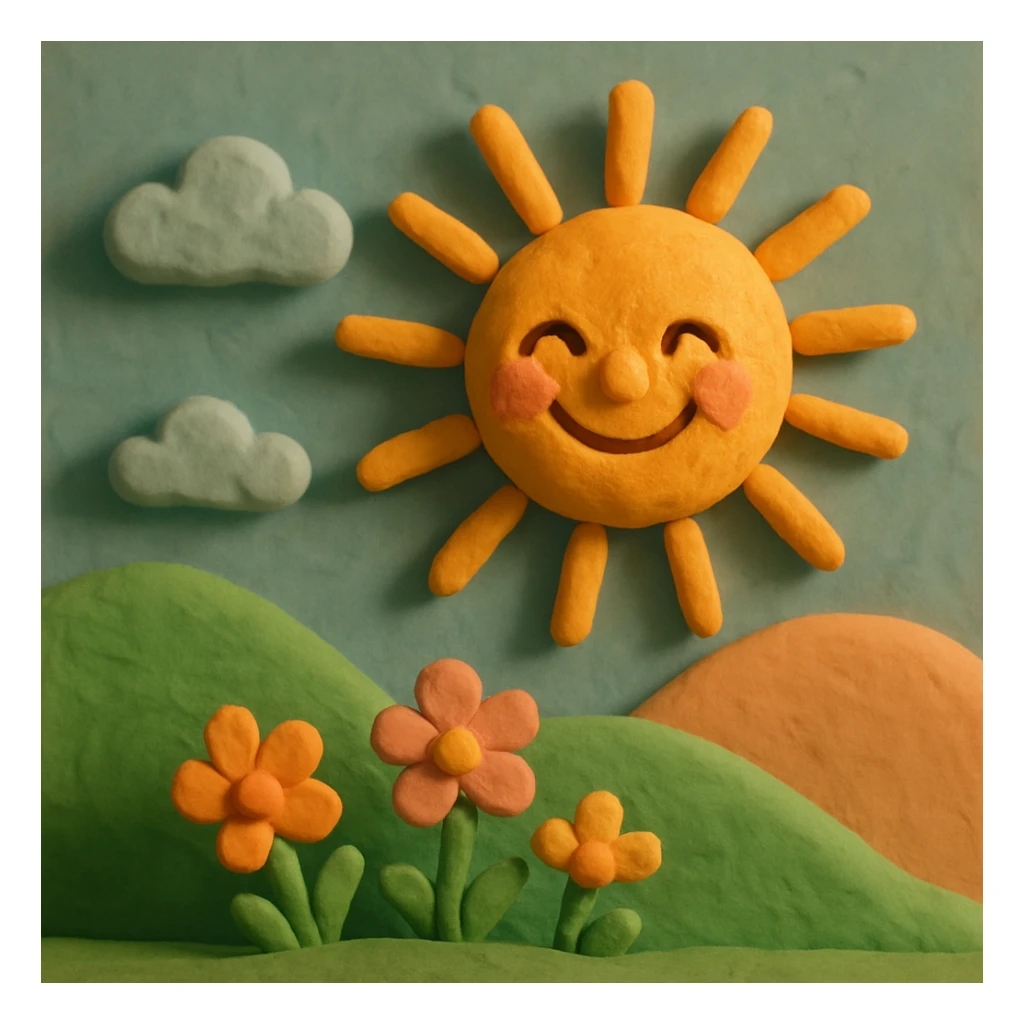 a smiling sun with rays, claymation style sticker