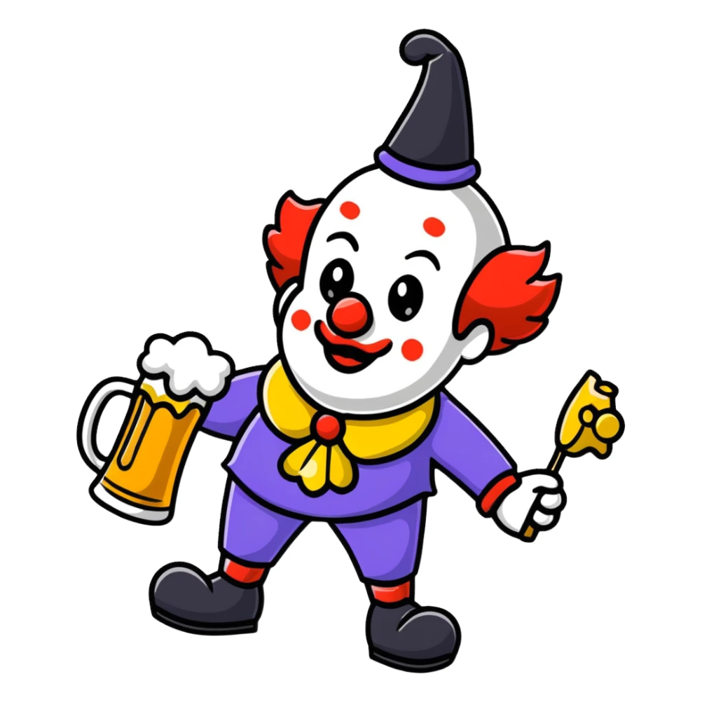 clown with a beer sticker
