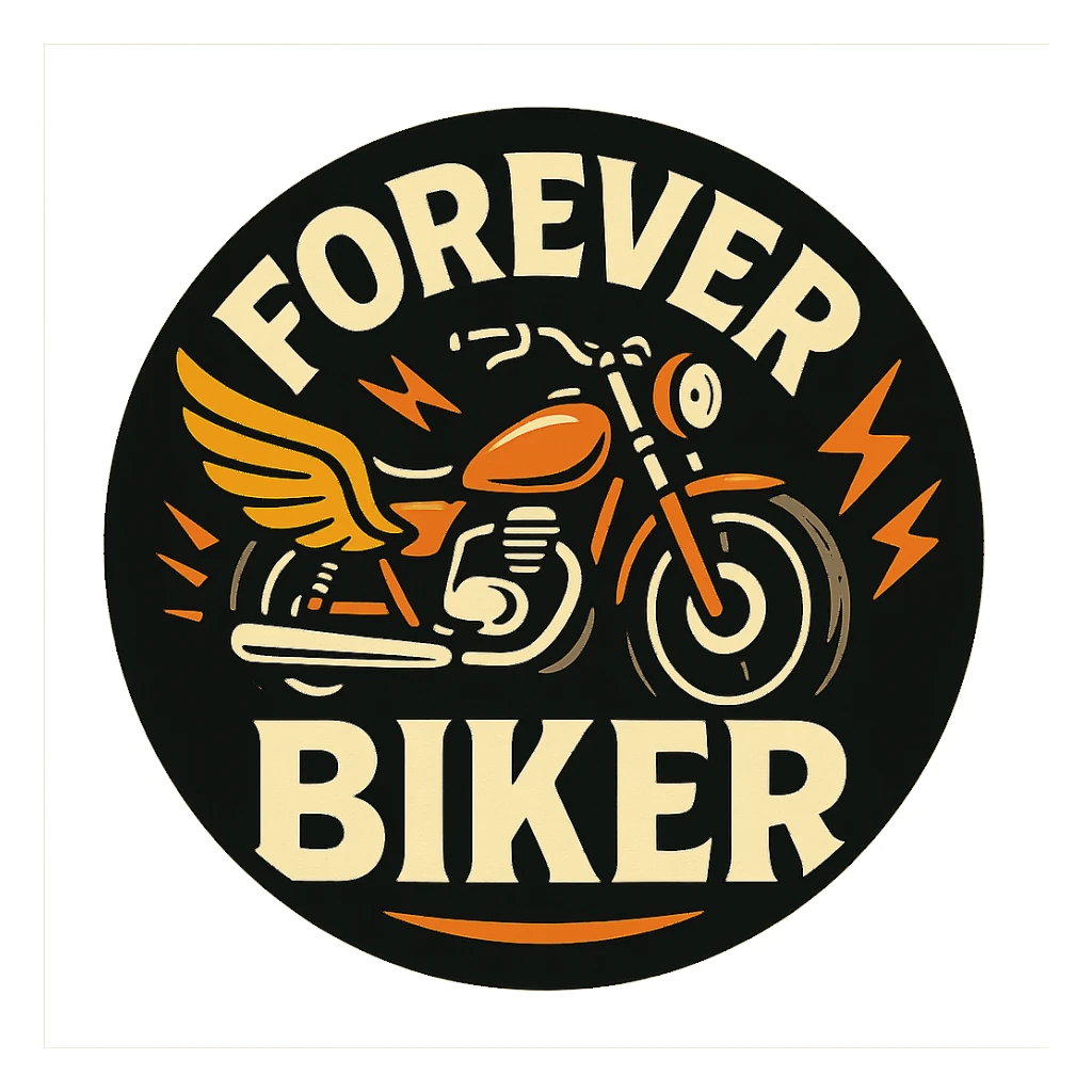 circular transparent background design for motorcycle cap, text 'FOREVER BIKER', motif: wing, motorcycle, lightning, energetic style sticker