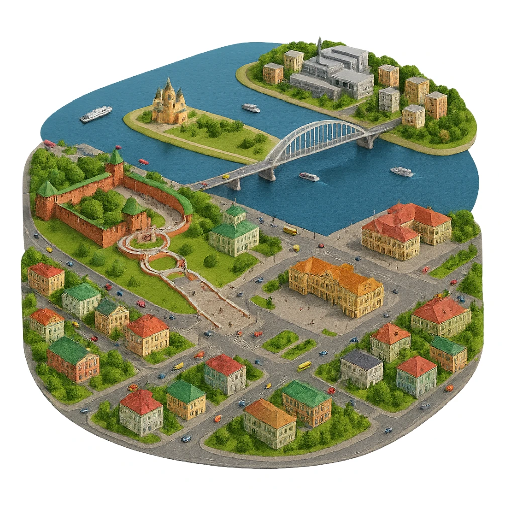Изометричная миниатюрная фотореалистичная 3D модель панорамы Нижнего Новгорода - Нижегородский Кремль, Стрелка между Окой и Волгой, ГАЗ, Чкаловская лестница, Борский Мост через Волгу, Нижегородская ярмарка, нижегородские дома, автотранспорт четкие линии, яркие цвета, люди, компактная композиция, вид сверху в изометрии, прозрачный фон sticker