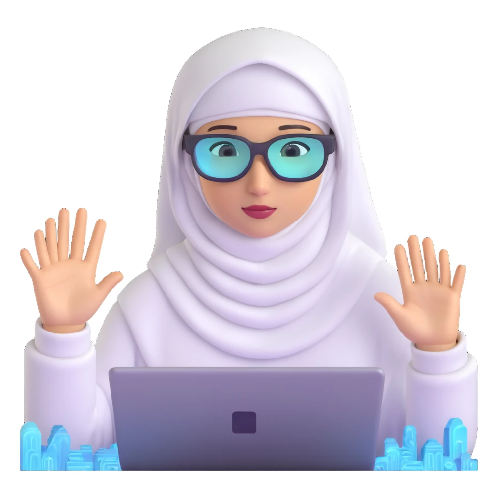 computer engineer with white hijab actively coding and building in the metaverse, hands manipulating holographic code, creating virtual structures, programming digital environments, surrounded by her code creations coming to life, AR glasses on sticker