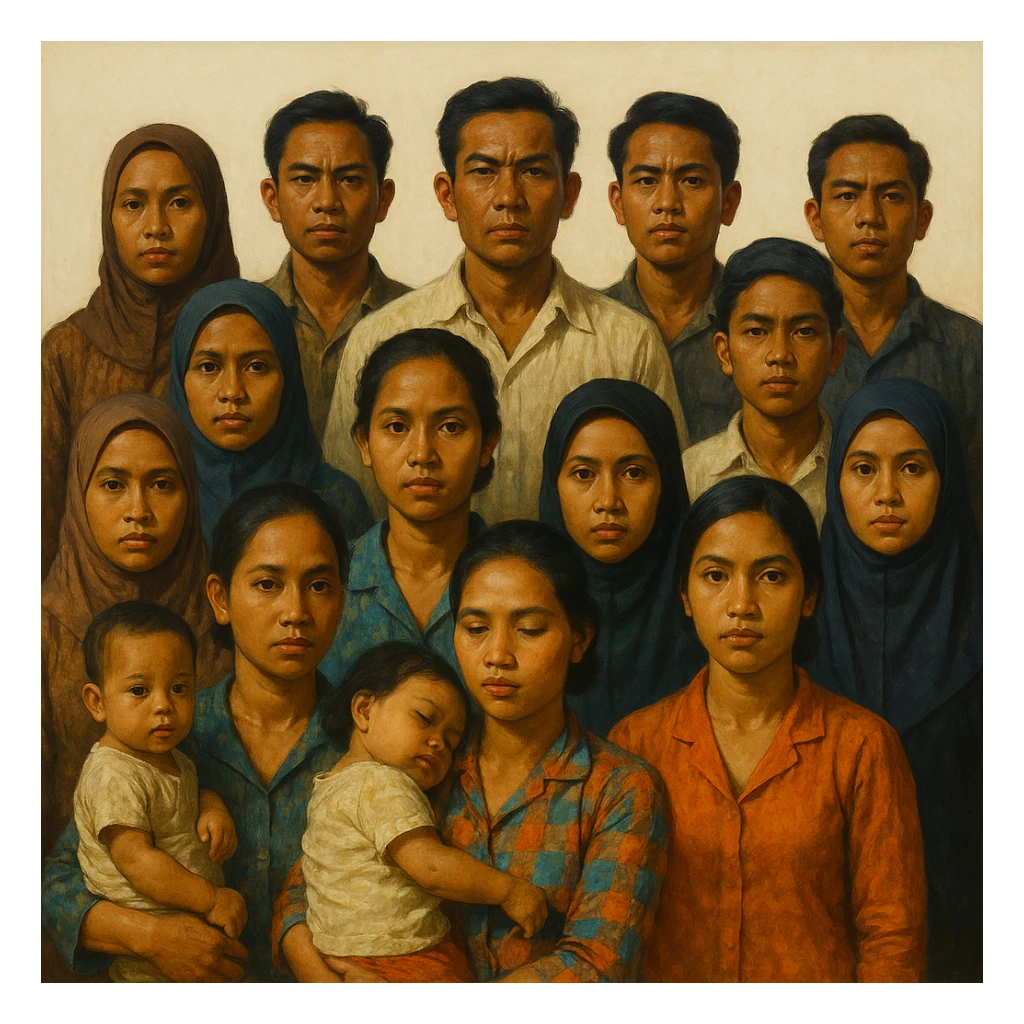 Сгенерируй мне группу людей которая стоит и смотрим прямо, только все они будут индонезийцы из 20 века, в стиле реалистичной живописи, ярко. На однородном белом фоне. У некоторых девушек на руках ребенок, и некоторые девушке в платке мусульманском . КОЖА ОБЯЗАТЕЛЬНО СМУГЛАЯ а волосы у всех черные sticker