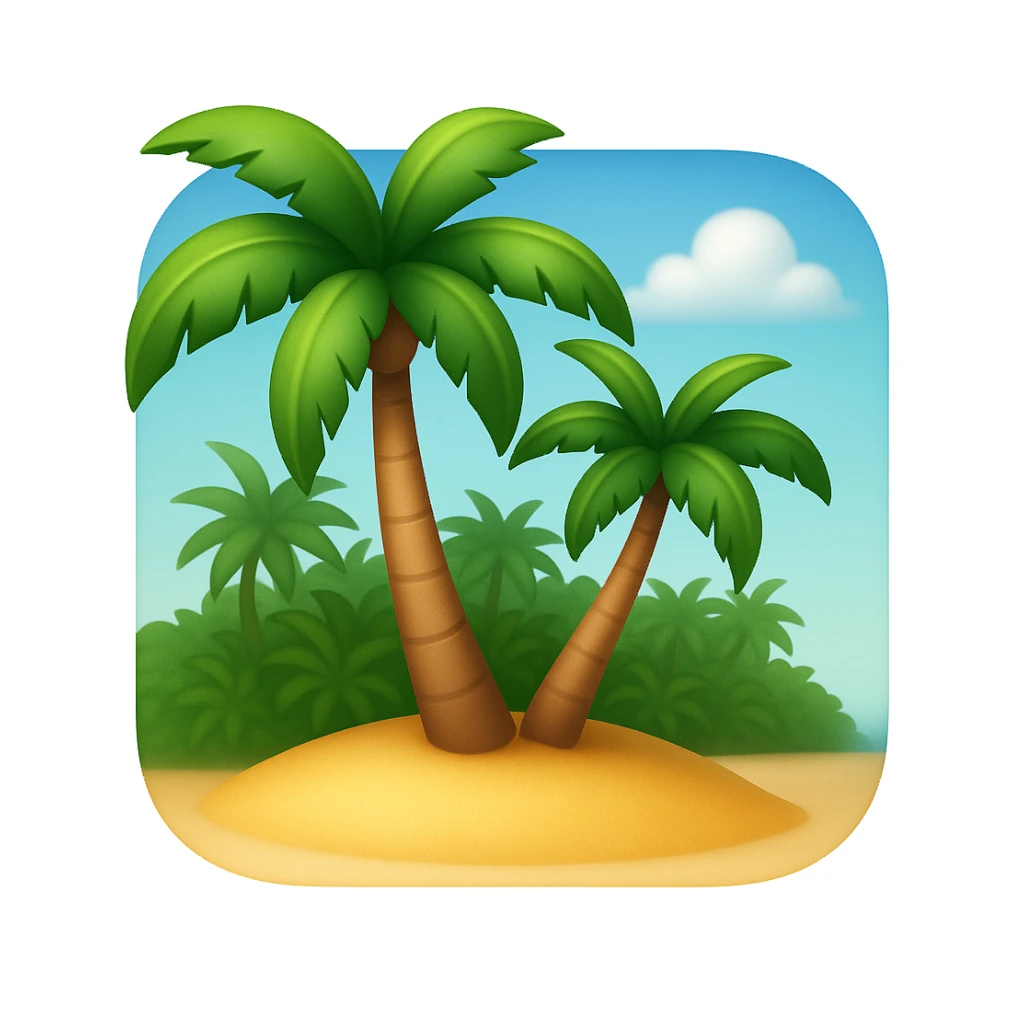 Create a beach emoji that looks exactly like the reference image in classic iOS emoji style. The emoji should have a 3D appearance with shiny, smooth gradients and soft shadows. Include palm trees and sand with the classic emoji look, emphasizing the 3D, shiny, smooth gradient style and soft shadows as seen in iOS emojis. sticker