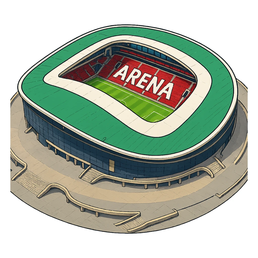 Изометричная, яркая, детализированная и фотореалистичная иллюстрация стадиона Ак Барс Арена в стиле 3D-коллажей городов, насыщенные цвета, аккуратные и чёткие линии, мультяшно-реалистичная стилистика. Чёткие контуры, не размазанные линии, высокое качество, прозрачный фон, не обрезать края картинки sticker