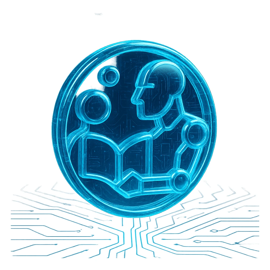 Add a subtle circuit pattern background to the logo, keeping the Tron-blue, high-tech, glowing style. Maintain the abstract figures around the book and the overall circle composition. No text. sticker