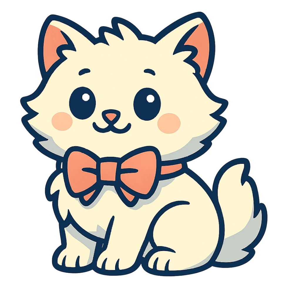 Remove the background, keep only the cute fluffy white kitten with a light pink bow in vibrant toon style with transparent background. sticker