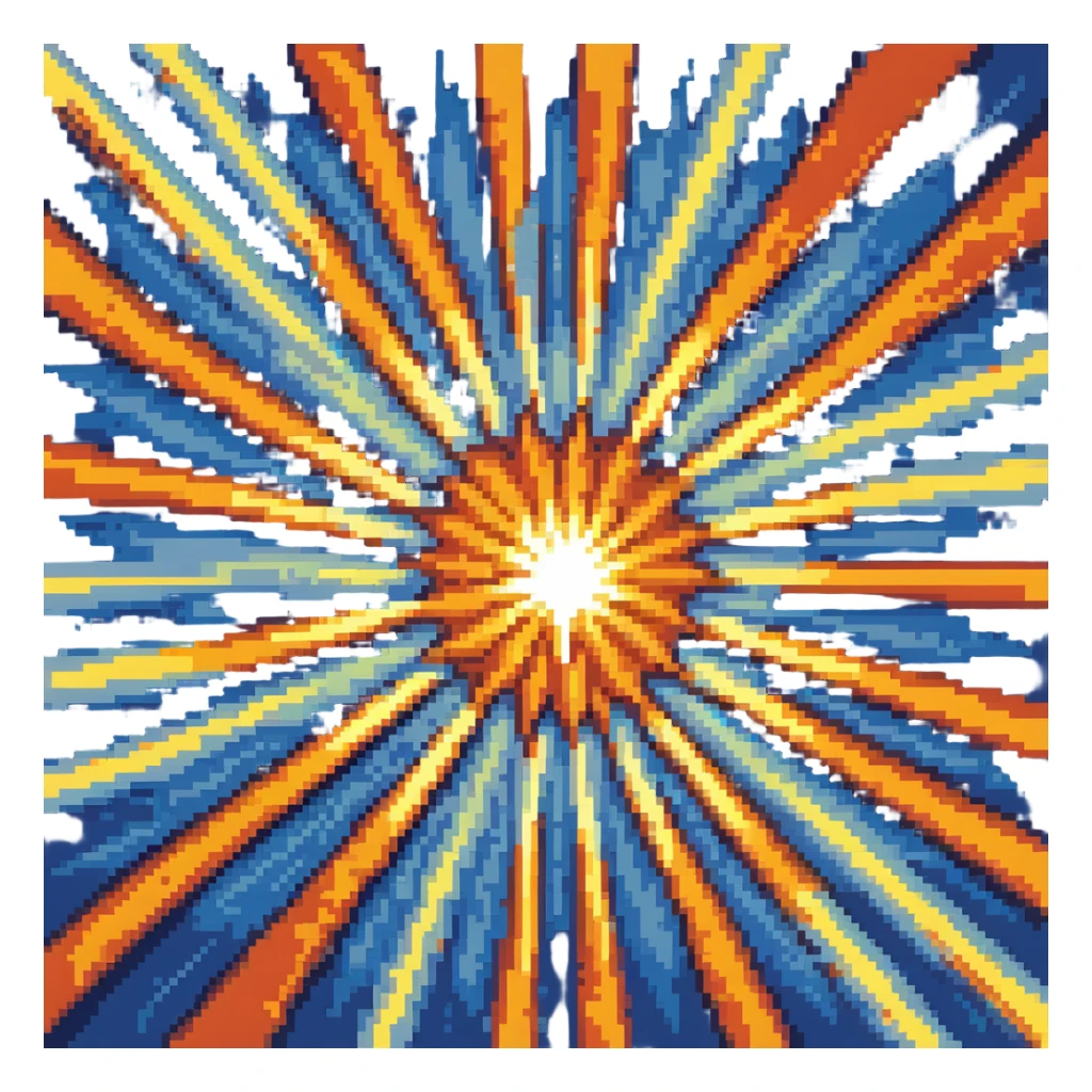 Bomberman explosion center tile animation frame 2, full size bright fiery explosion core, yellows and oranges radiating from center, peak of explosion sticker