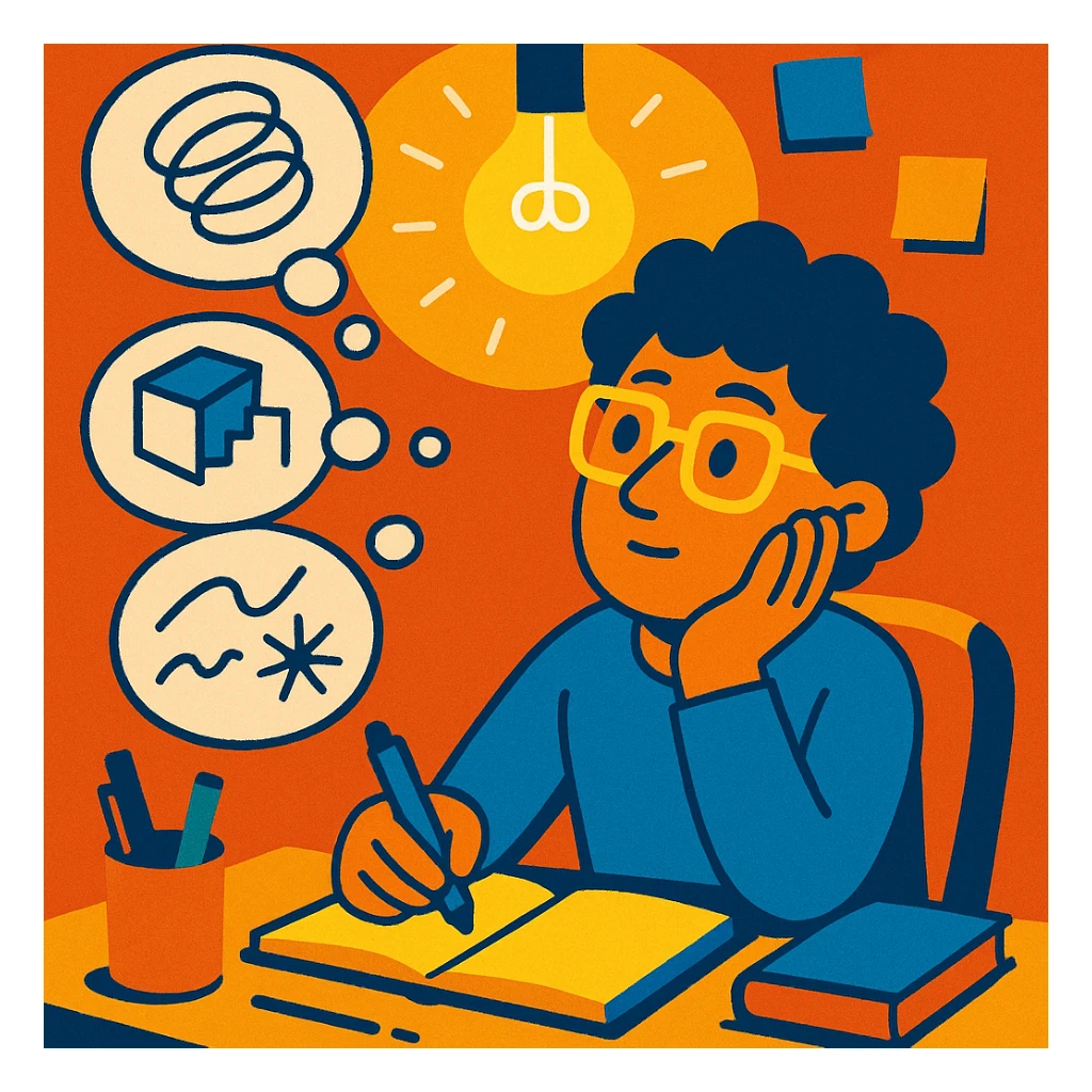 creative thinker in a cozy workspace, thought bubbles filled with abstract ideas and sketches, illuminated by a bright light bulb, surrounded by pens, sticky notes, and books, bright style, 4:5 aspect ratio sticker