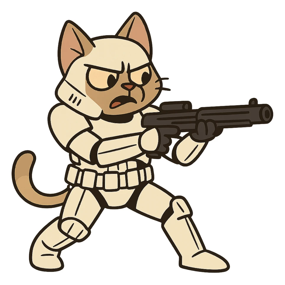 stormtrooper cat aiming blaster, action pose sticker