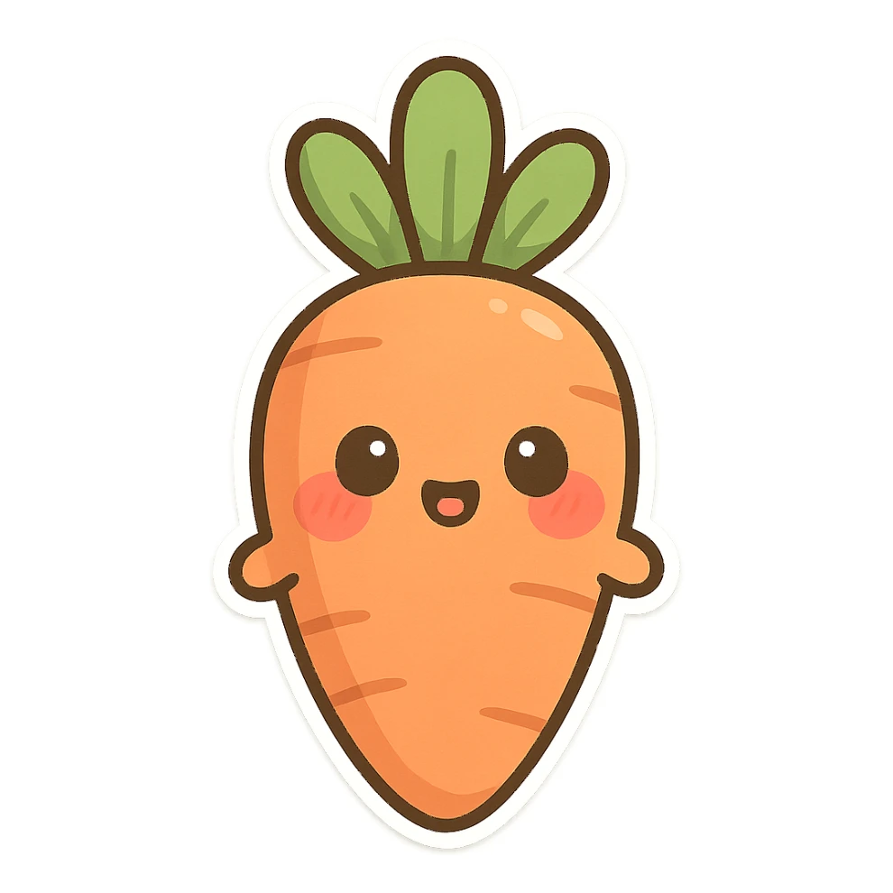 chibi sticker-style carrot, cute and exaggerated, with blushing cheeks and tiny arms sticker