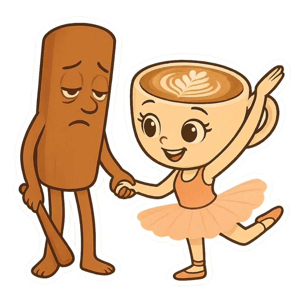 Keep the same quality and chibi stickers style. Edit the characters to have different expressions: make the coffee cup character joyful and the cinnamon stick character looking sleepy. sticker