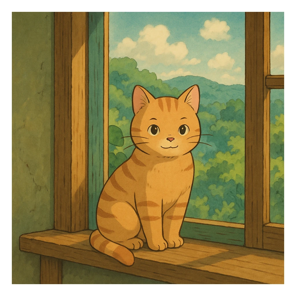 cute cat sitting on a windowsill, ghibli style sticker