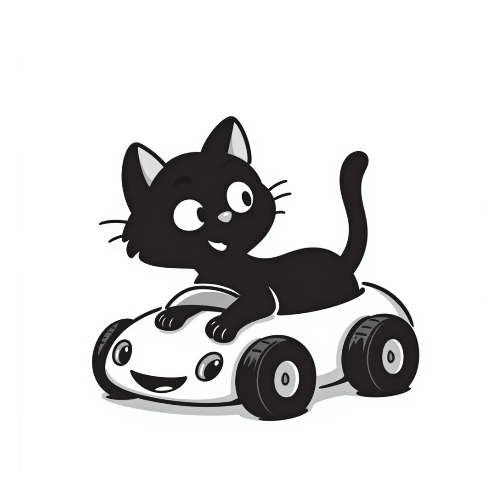 hand-drawn cat with a toy car sticker