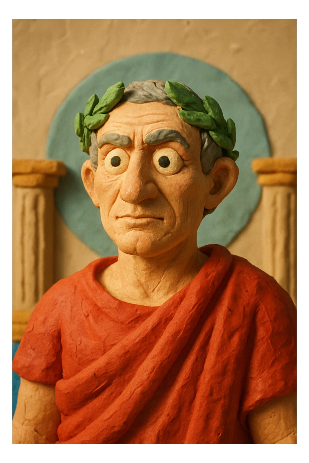 Julius Caesar, red robe, laurel wreath, 3D claymation style sticker