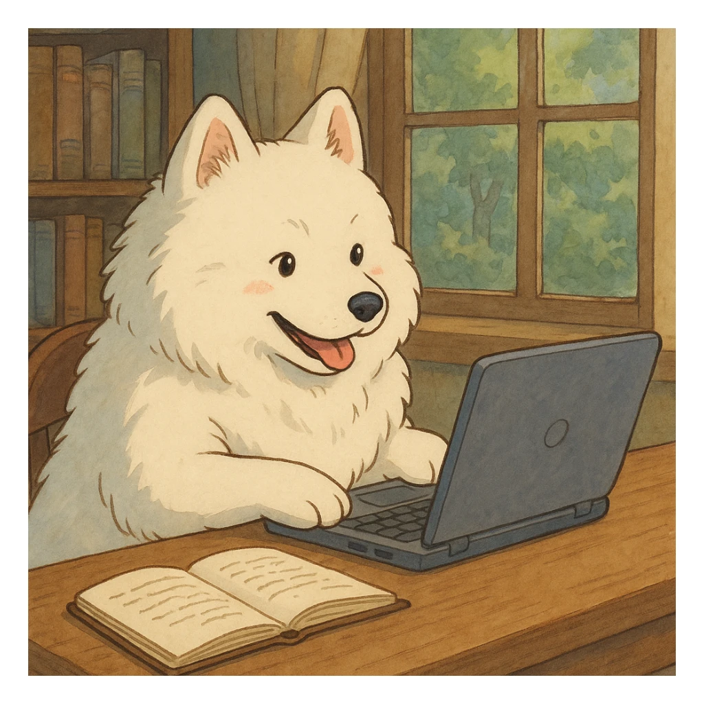 Samoyed writing a novel using a laptop sticker