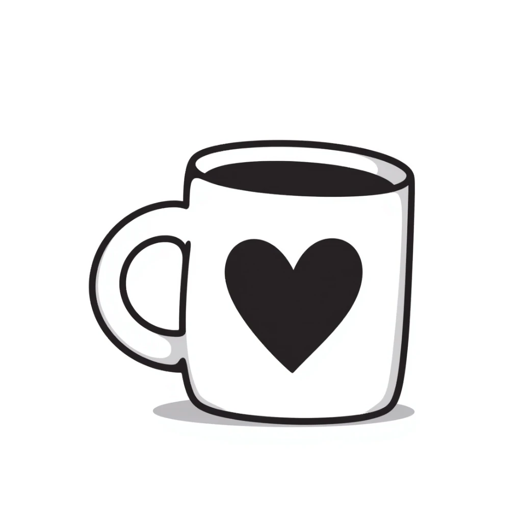 Hand drawn coffee mug with heart design sticker