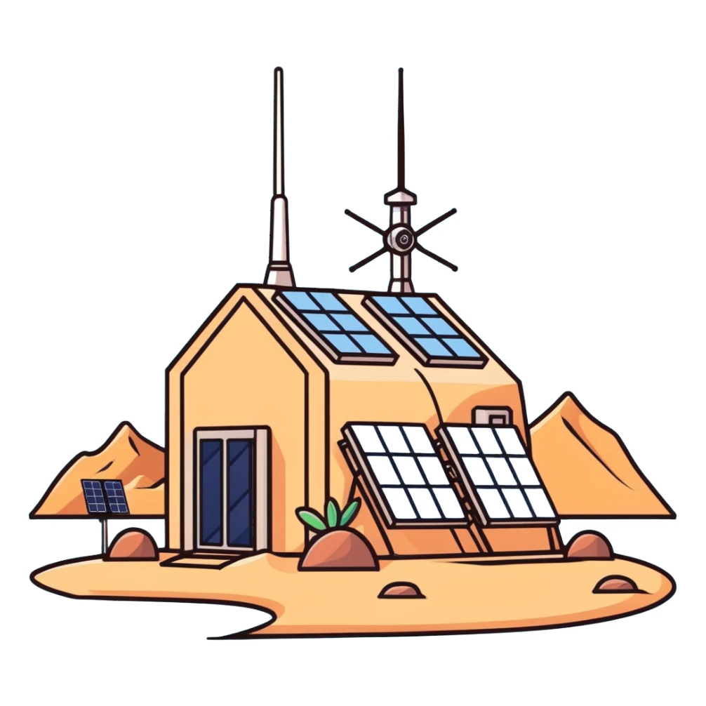 Desert outpost with solar panels and antennas sticker