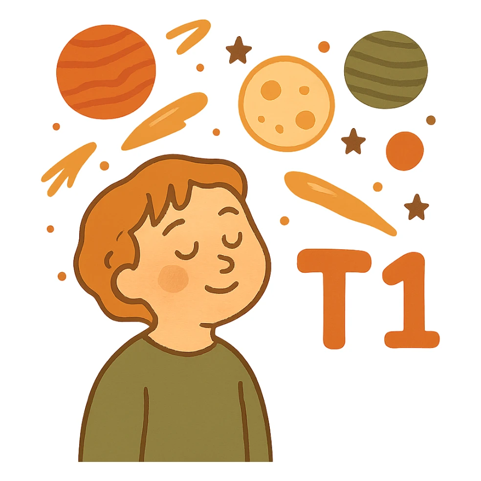 Make the T1 text much larger, keep the space theme, and make the background transparent. sticker