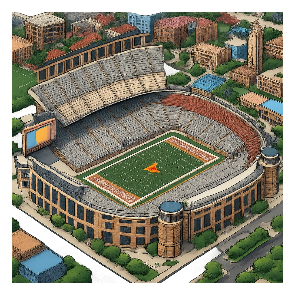 Изометричная, яркая, детализированная и фотореалистичная иллюстрация стадиона Darrell K Royal–Texas Memorial Stadium в стиле 3D-коллажей городов, насыщенные цвета, аккуратные и чёткие линии, мультяшно-реалистичная стилистика. Чёткие контуры, прозрачный фон, высокое качество. sticker