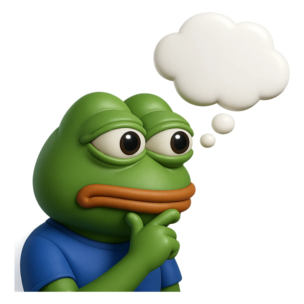 make a pepe with thought bubble looking at left side in 3d style, good highlights and shadows, drop shadows  sticker