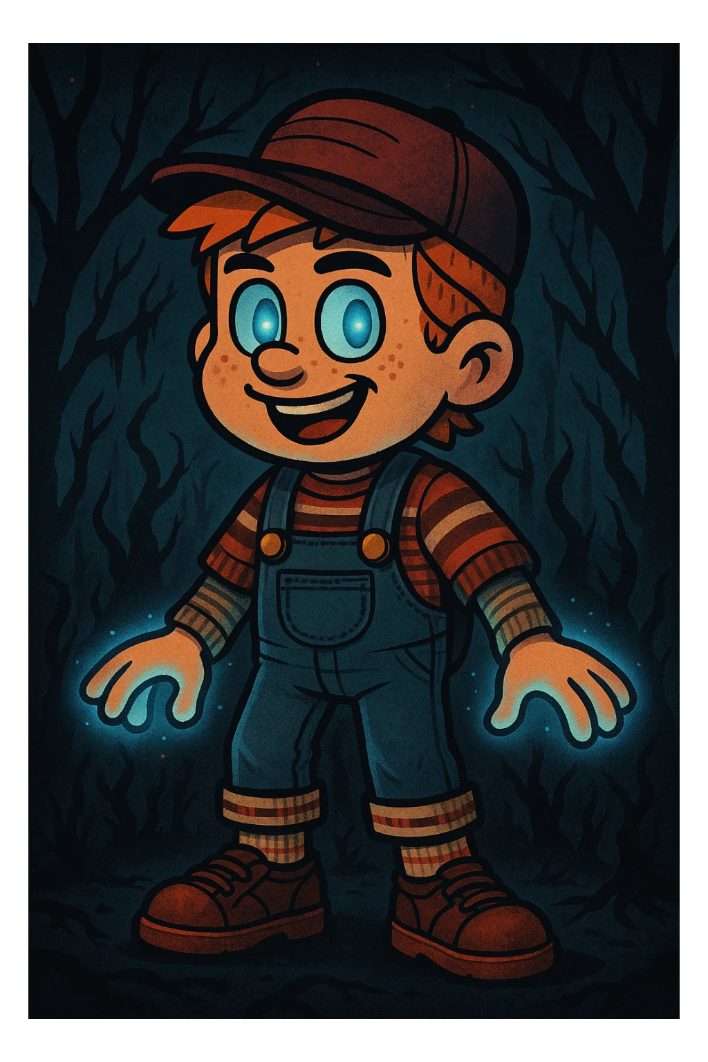 Transform the character into a 'Stranger Things' inspired version in vibrant toon style. Add 80s clothing, supernatural effects, and references to the Upside Down, keeping the vibrant and colorful toon aesthetic. sticker