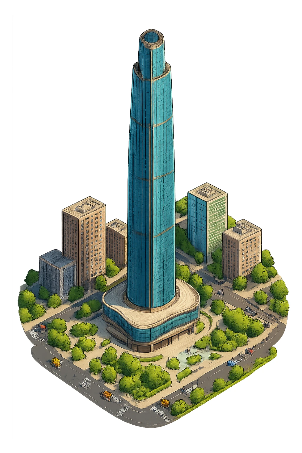 Изометричная, яркая, детализированная, объемная и фотореалистичная иллюстрация башни Guangzhou CTF Finance Centre. В стиле 3D-коллажей городов, насыщенные цвета, аккуратные и чёткие линии, мультяшно-реалистичная стилистика. Чёткие контуры, не размазанные линии, высокое качество, прозрачный фон, не обрезать края картинки sticker