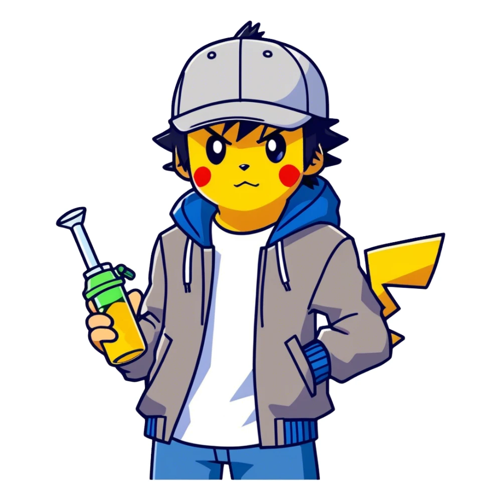 21 yo Handsome Ash Ketchum using a bong with picachu sticker