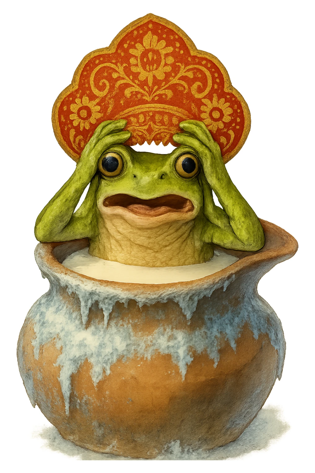 Лягушка как на первой картинке в русском кокошнике сидит в кувшине с молоком покрытом инеем и льдом, слегка рисованный, но при этом объемный стиль как 2-й, 3-й и 4-й картинке, прозрачный фон sticker