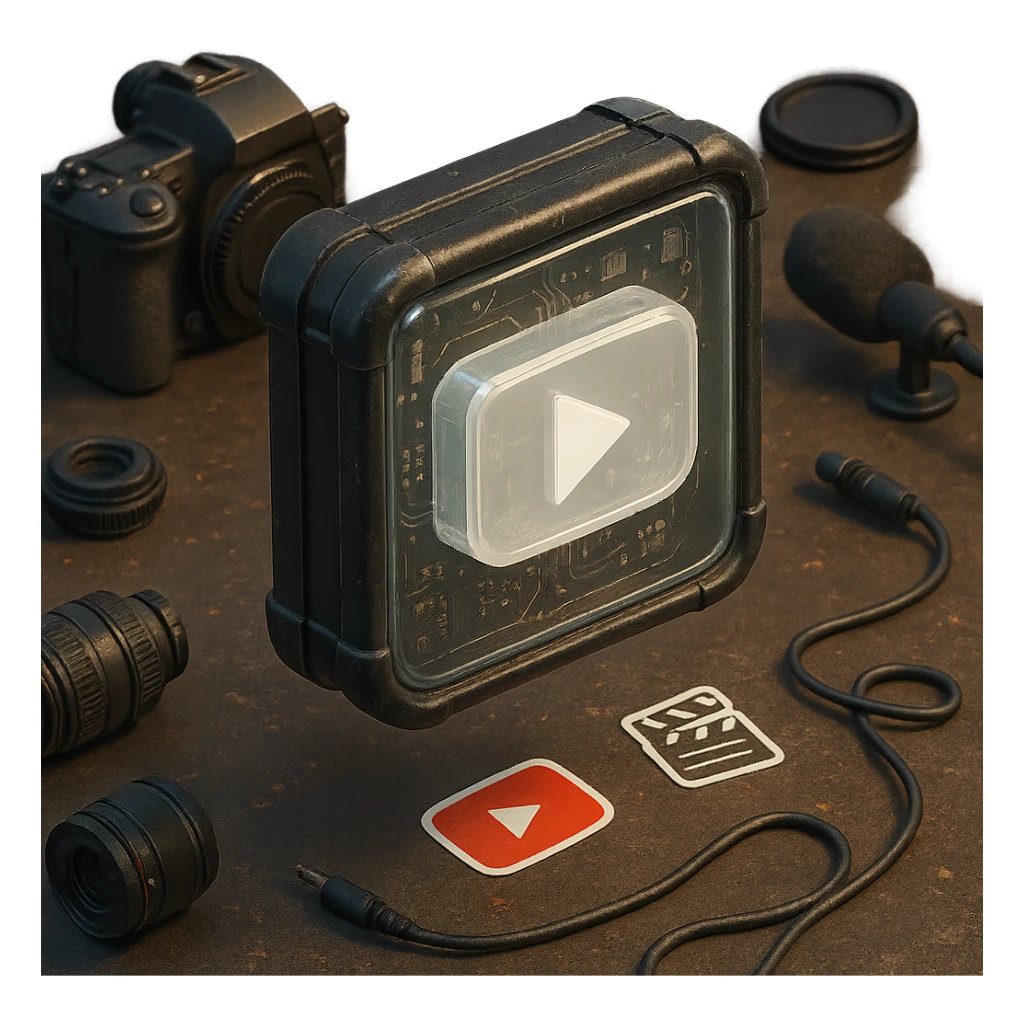 white YouTube play button inside a scratched black toolbox-like case, surrounded by video production gear, camera parts, stickers, cables, real-life artist studio, casual lighting, grounded and textured environment sticker
