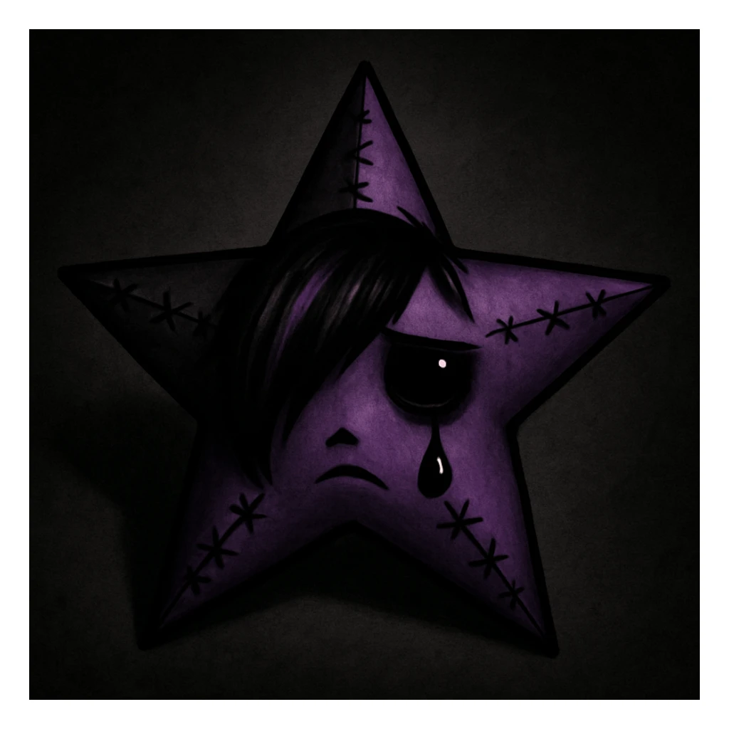 emo star in black and purple, stitched, teardrop, dramatic shadows sticker