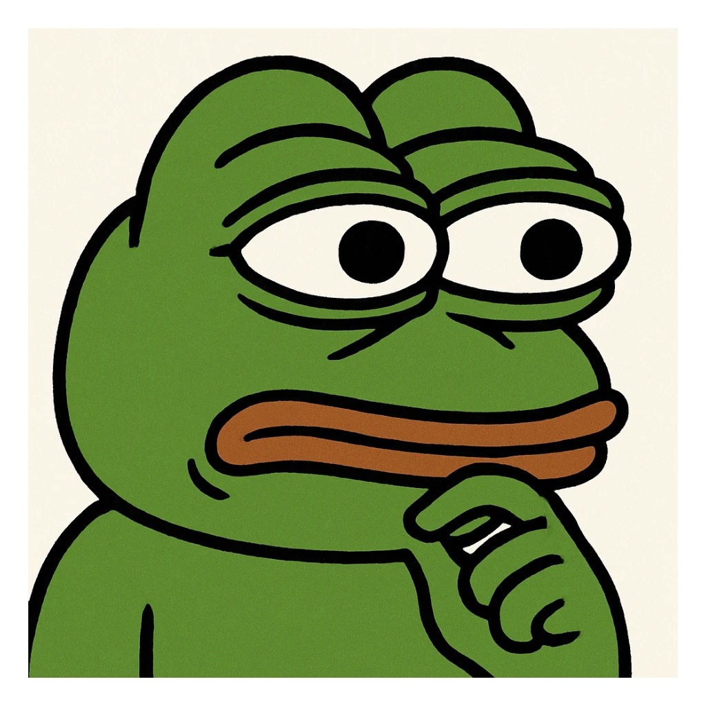 Pepe the Frog with a thinking face, meme style sticker