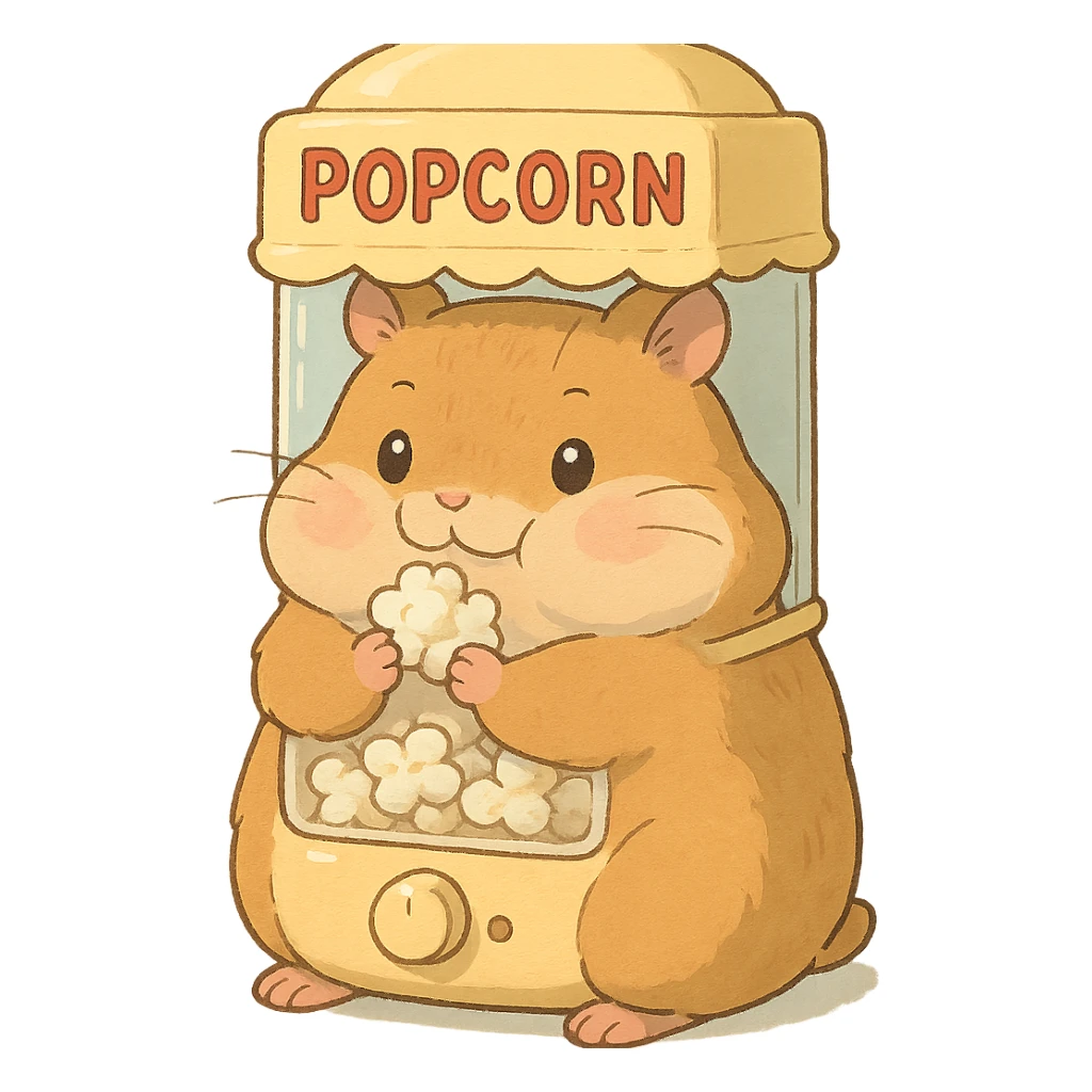 high-quality, visually appealing, normal-looking kawaii soft fluffy hamster designed as a popcorn machine appliance-animal hybrid, with puffed cheeks, holding popcorn, soft pastel colors, full-body, 电器拟动物风格 sticker