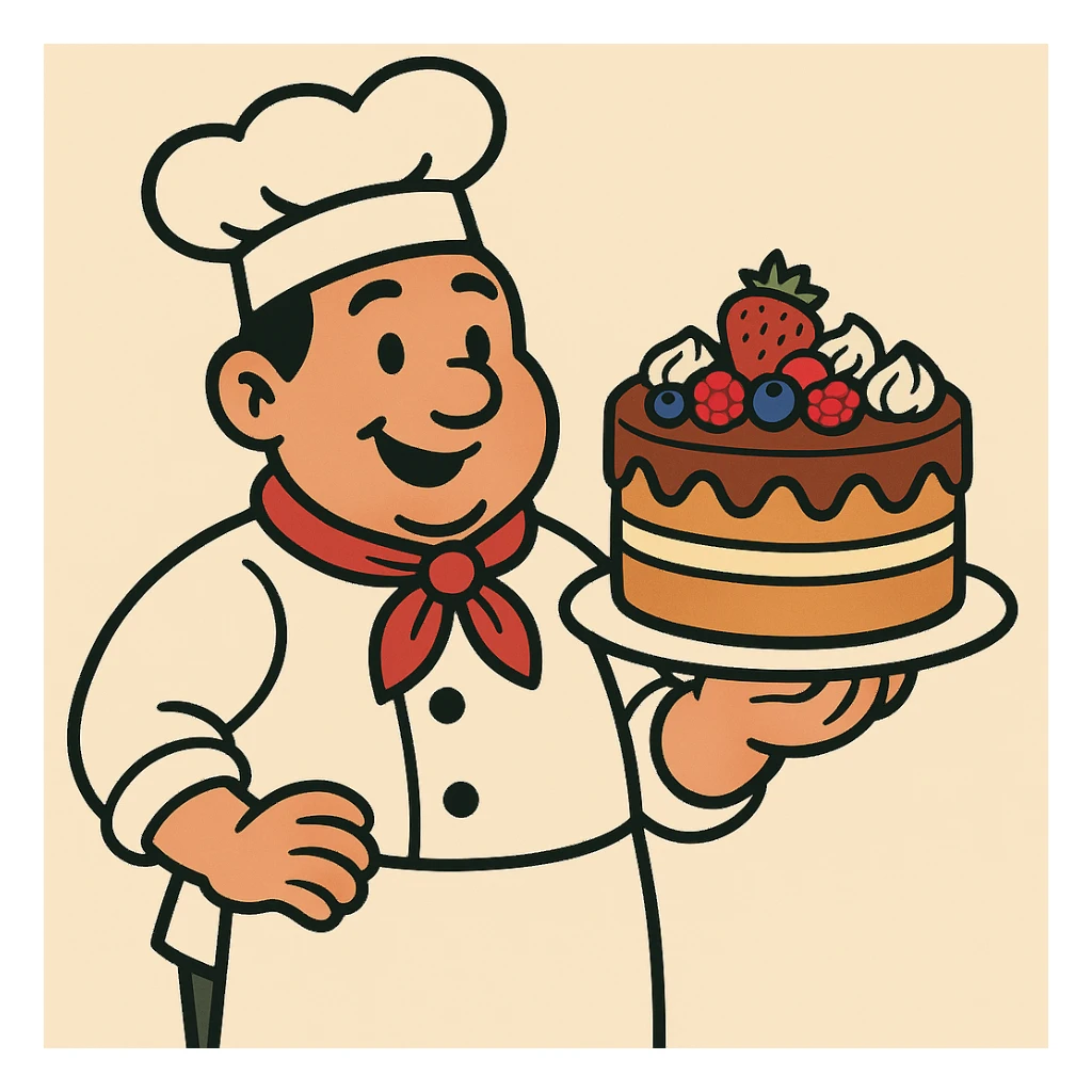 a pastry chef with a cake and a hat sticker