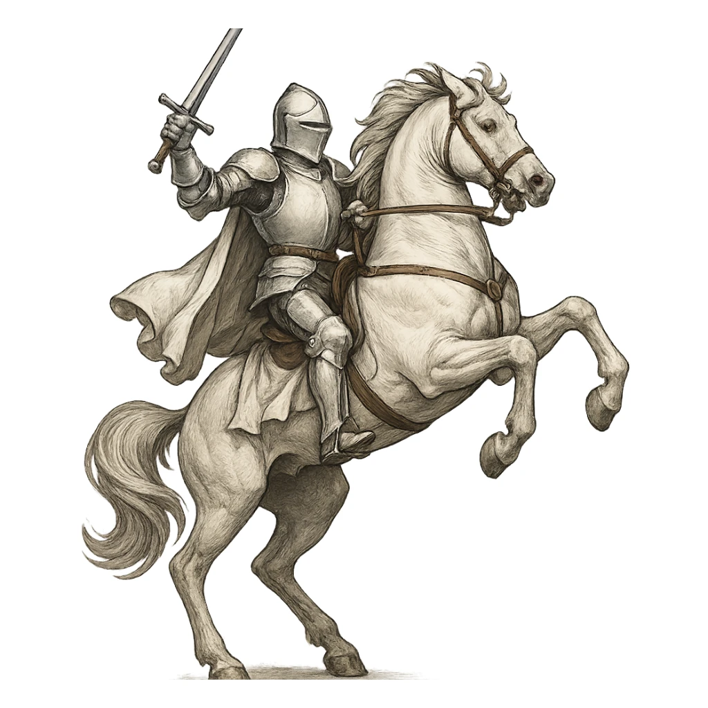a white knight on a rearing white horse, dynamic, dramatic, clean background sticker