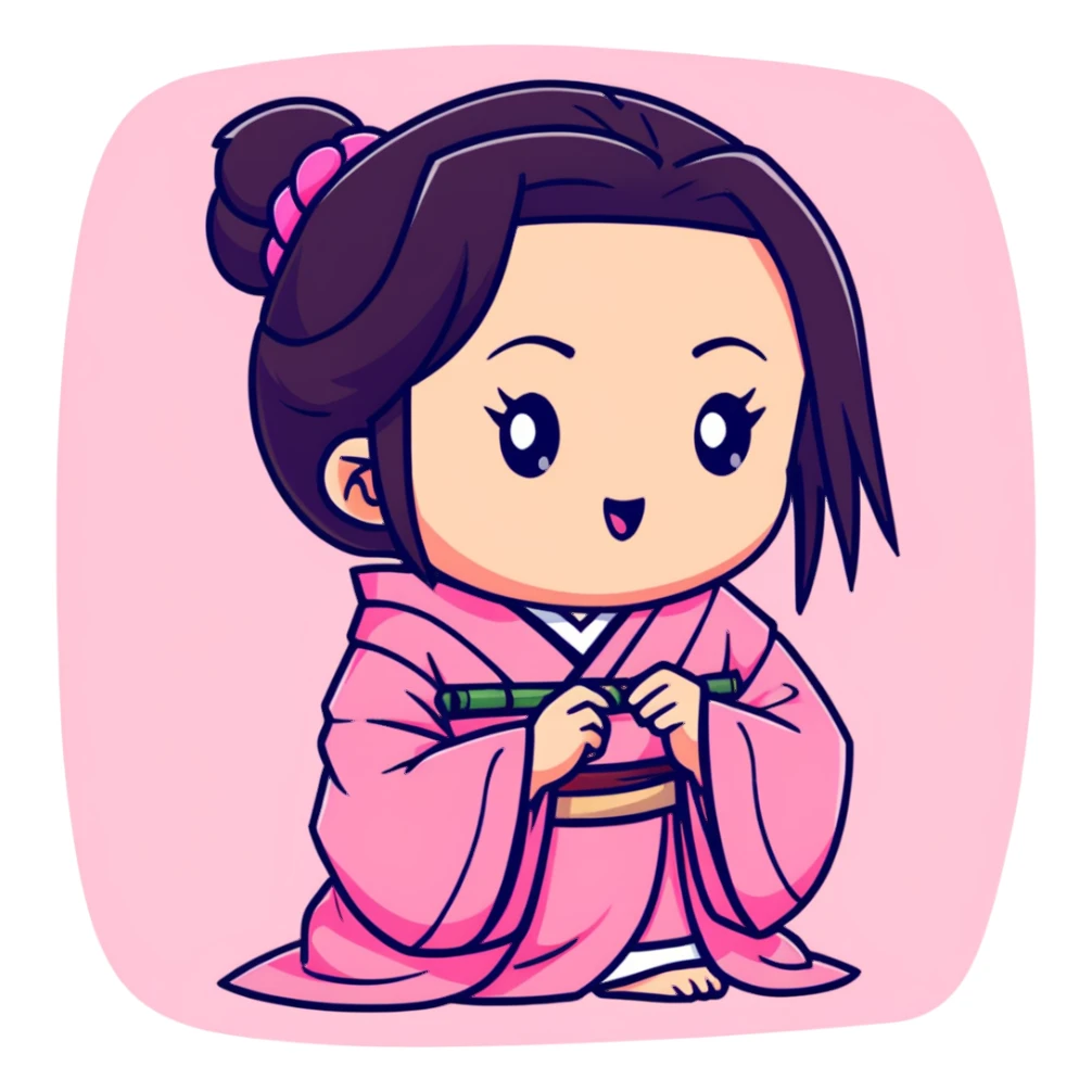 cute chibi Nezuko biting bamboo muzzle with her teeth clearly visible, pink kimono sticker