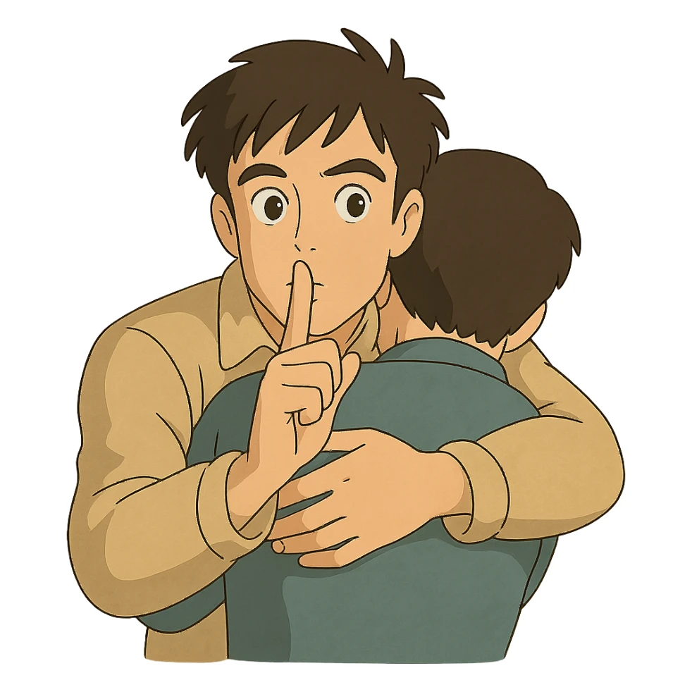 man hugging another person while making a quiet sign sticker
