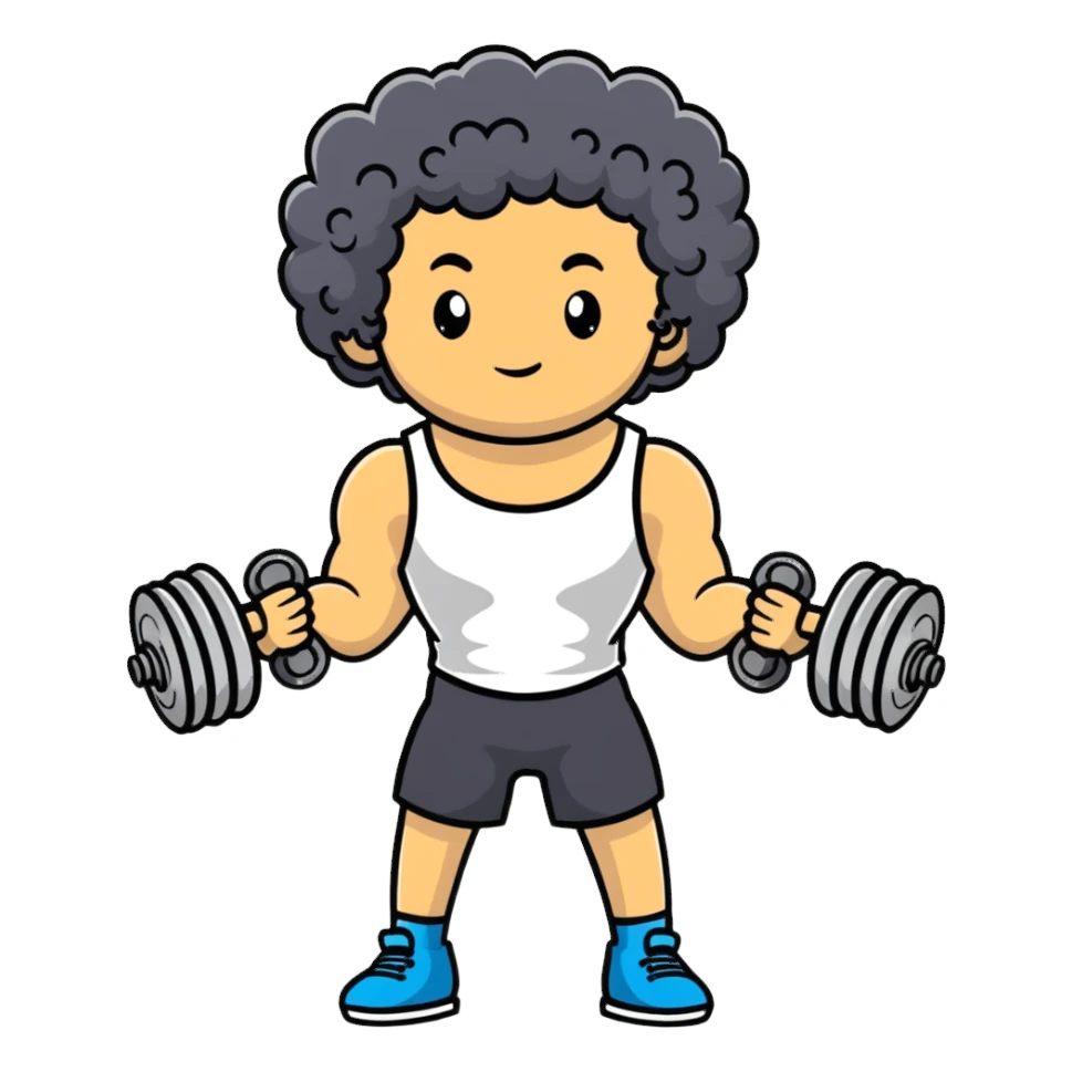 curly haired boy at gym with dumbbells sticker