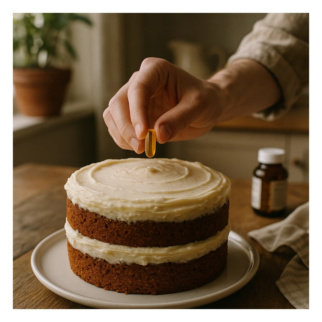 realistic style, a hand adding a supplement capsule as the final touch on a cake, creative atmosphere, realistic details, home environment sticker