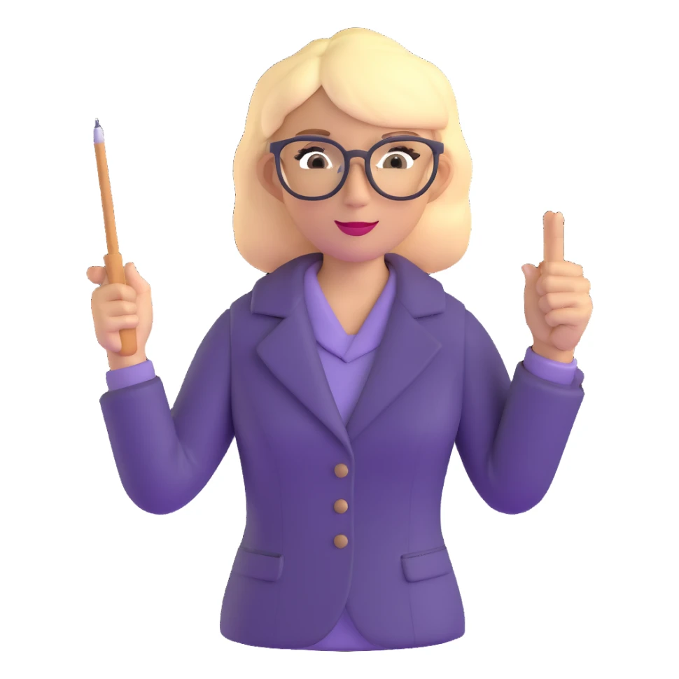 strict and fair blonde math teacher with glasses holding a pointer sticker