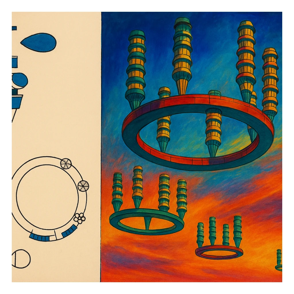 Летающий город в СССР 1920-х годов Георгия Крутикова слегка рисованный, но при этом объемный стиль, яркие цвета sticker