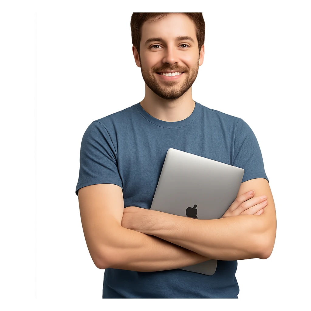 brown-haired web developer, arms crossed, MacBook under arm, friendly look, casual, professional sticker