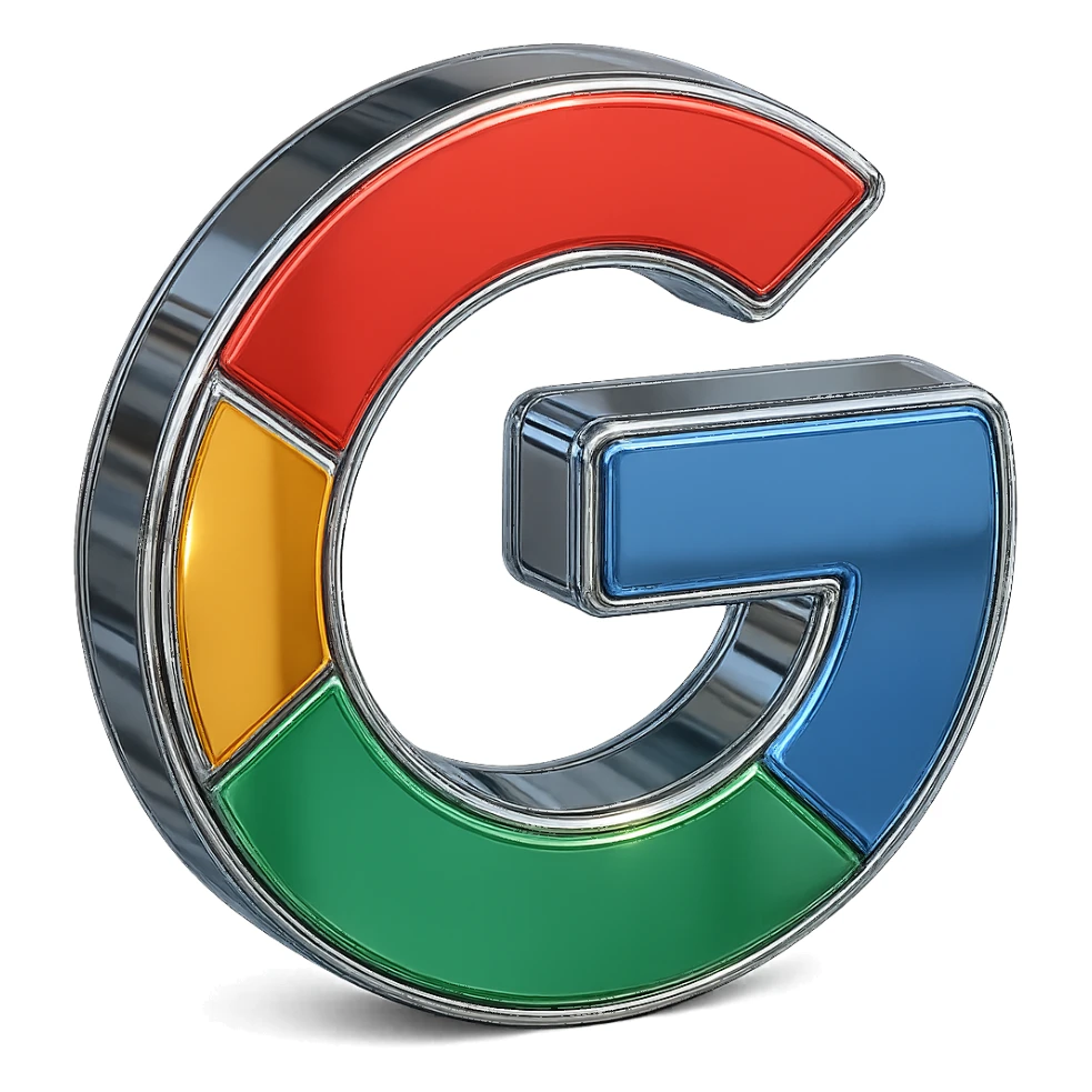 Make this 3D Google icon look metallic with a shiny chrome finish and subtle reflections, while keeping the Google color palette. sticker