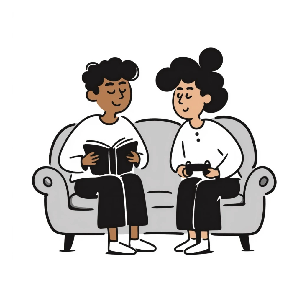 two brown-skinned teens sitting on a couch, hand drawn doodle style sticker