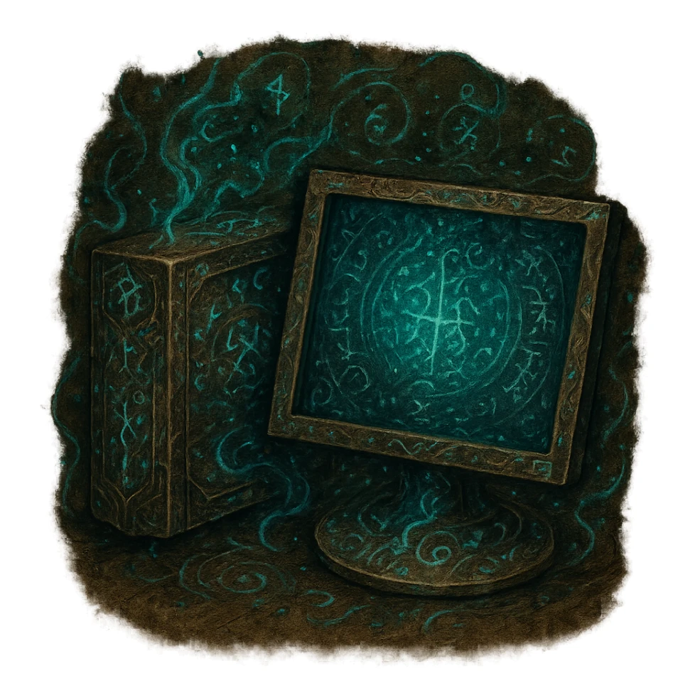 Re-create the Windows 'My Computer' icon as an Elden Ring incantation artwork. The style should be dark fantasy with mystical, ancient parchment background and glowing magical effects. The computer should appear as a powerful magical relic adorned with runes and arcane symbols. The image should be in 1080 x 1080 format with a transparent background, inspired by the provided incantation and sorcery icons. sticker