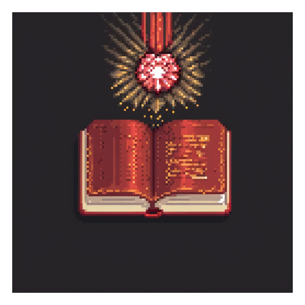 floating red book, opened with sparkles around, pixel art style, dark background sticker